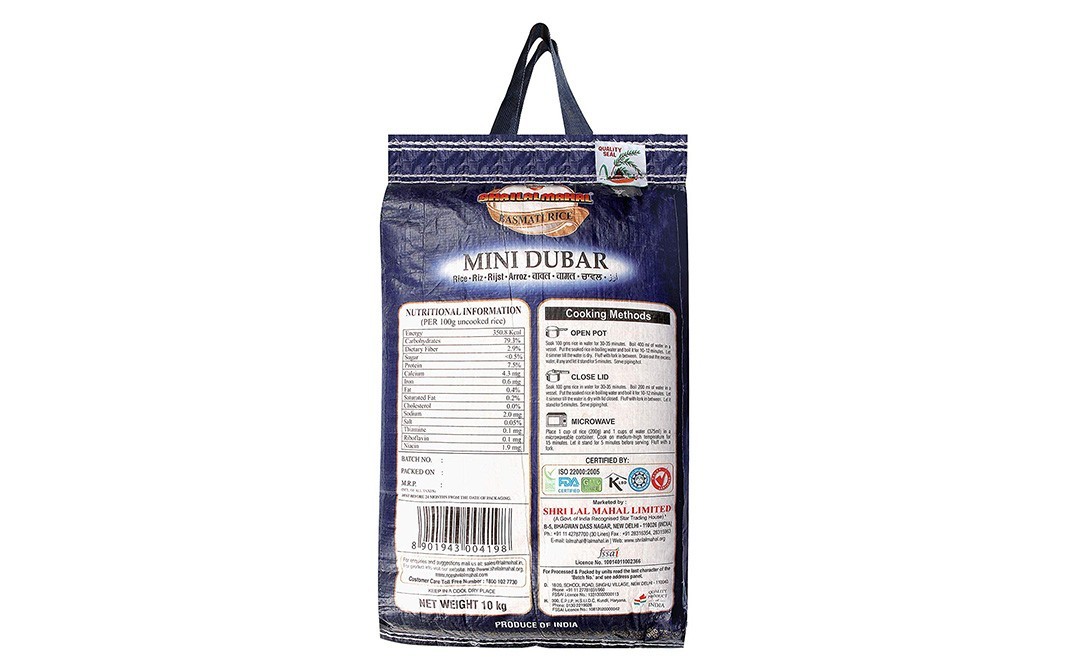 Shrilal Mahal Mini Dubar Basmati Rice   Pack  10 kilogram